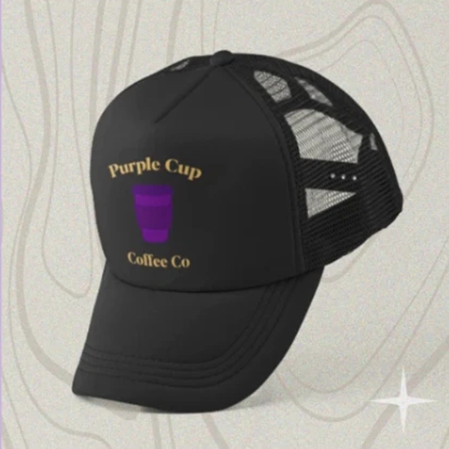 Purple and cream mesh-back trucker hat