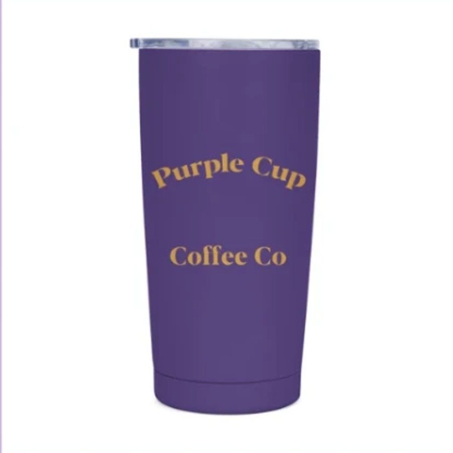 Purple Cup Coffee Co branded purple tumbler with straw